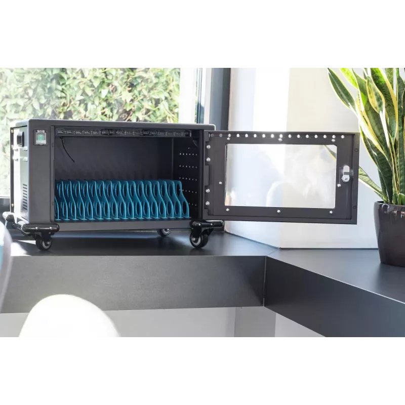 DIGITUS įkrovimo spinta, 16 vietų, 14 colių, juoda 384 x 550 x 375 mm, elektr. užraktas, su USB, ventiliatoriumi