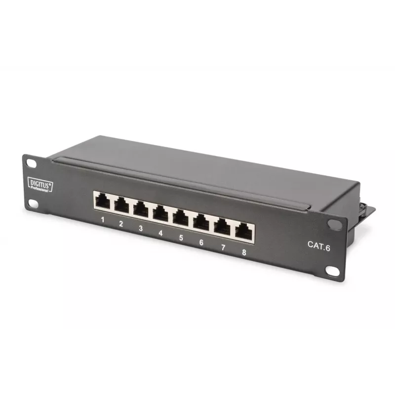 DIGITUS 10 colių tinklo rinkinys – 6U spinta, pilka lentyna, PDU, 8 prievadų jungiklis, CAT6 pataisų skydelis