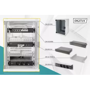 DIGITUS tinklo komplektas 10in-9U 312x300mm spintos lentyna PDU 8 prievadų skydelis