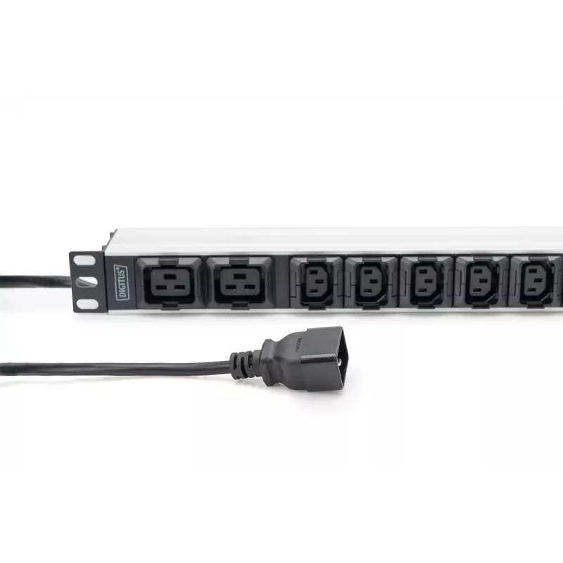 DIGITUS 1U aliumininis PDU stelažinis 8x C13 2x C19 16A 230VAC 50/60Hz IEC C20 kištukas