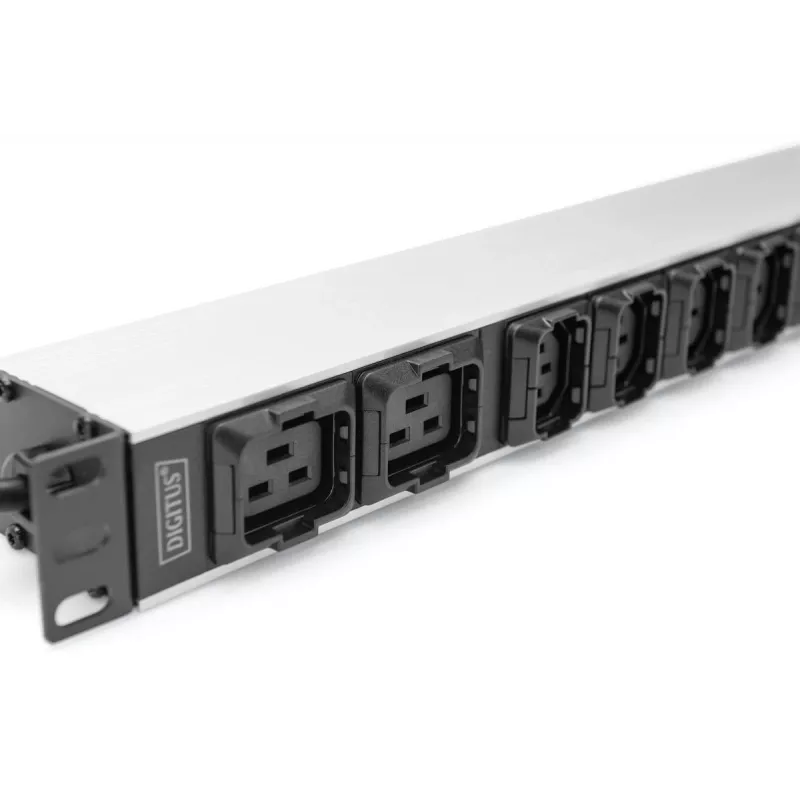 DIGITUS 1U aliumininis PDU stelažinis 8x C13 2x C19 16A 230VAC 50/60Hz IEC C20 kištukas