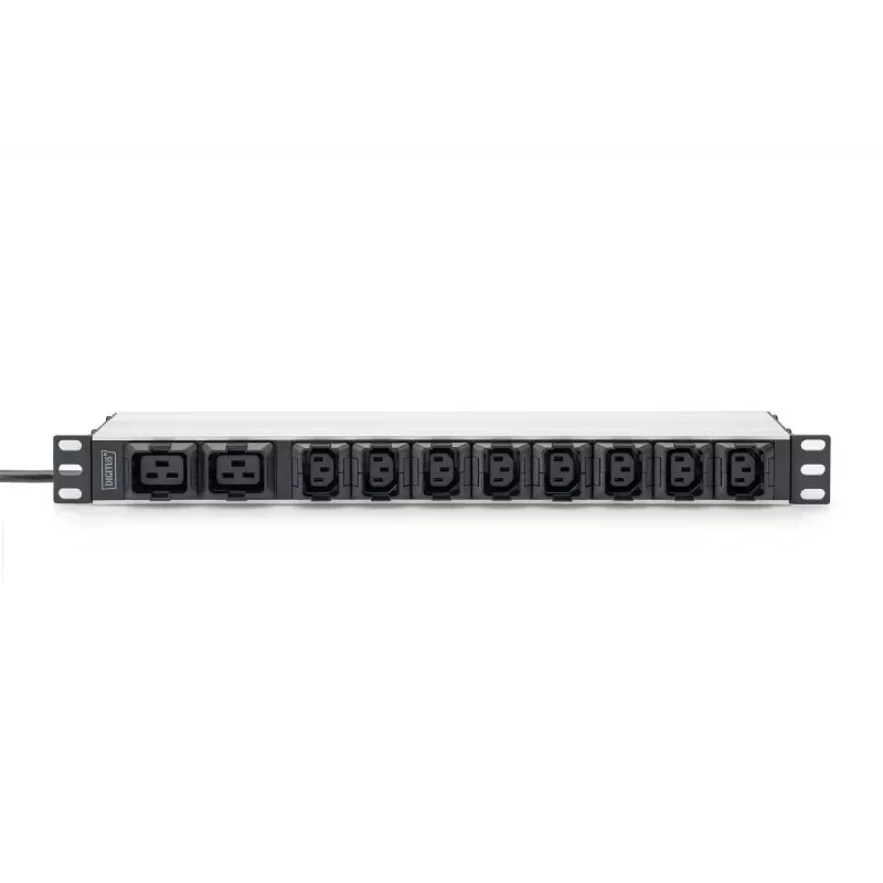 DIGITUS 1U aliumininis PDU stelažinis 8x C13 2x C19 16A 230VAC 50/60Hz IEC C20 kištukas