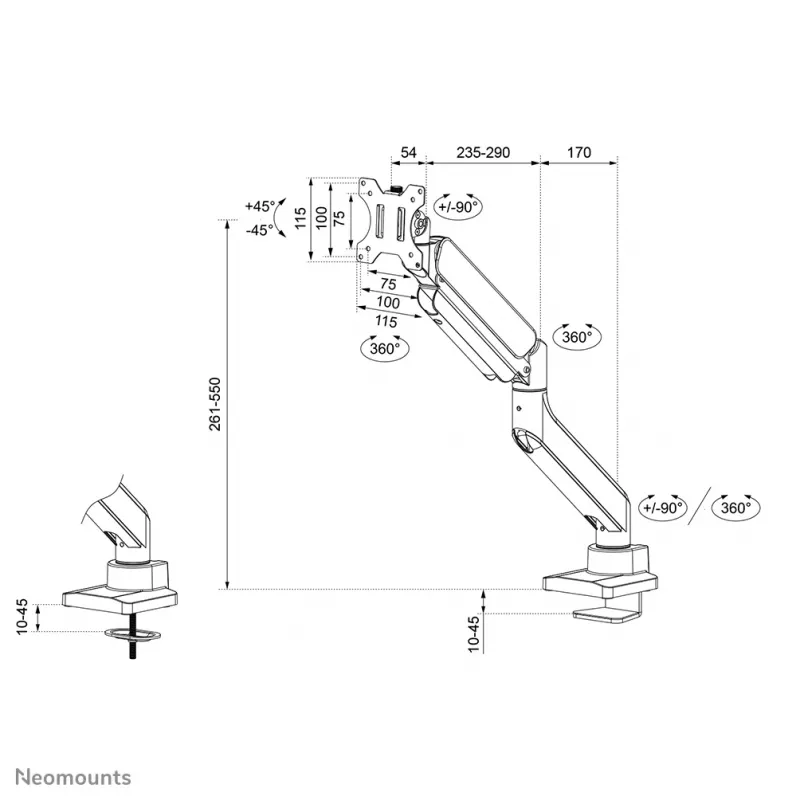 Neomounts DS70PLUS-450WH1 Monitoriaus laikiklis 17-49 col. – dujinė spyruoklė – Topfix – 180° stabdiklis