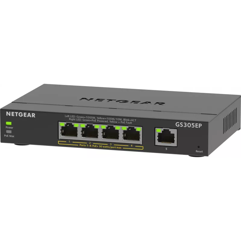 NETGEAR 5 prievadų Gigabit Ethernet PoE+ Plus valdomas jungiklis (GS305EP) L2/L3