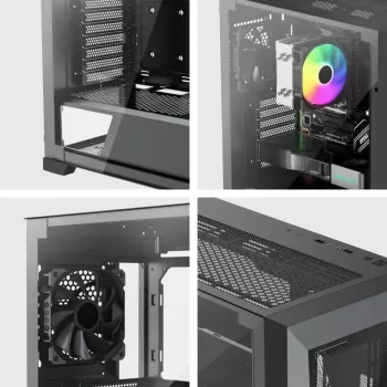 Korpusas XILENCE XG151 Midi Tower – juodas, ATX/Micro-ATX/Mini-ITX, maitinimo blokas apačioje, 2x 3,5 colio + 4x 2,5 colio vietos