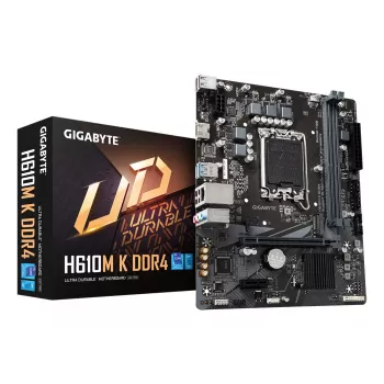 GIGABYTE H610M K DDR4 pagrindinė plokštė – palaiko Intel Core 14-osios kartos procesorius, 3+1+1 fazių hibridinis maitinimo dizainas, iki 3200 MHz DDR4, 1xPCIe 3.0 M.2, GbE LAN, USB 3.2 Gen 1