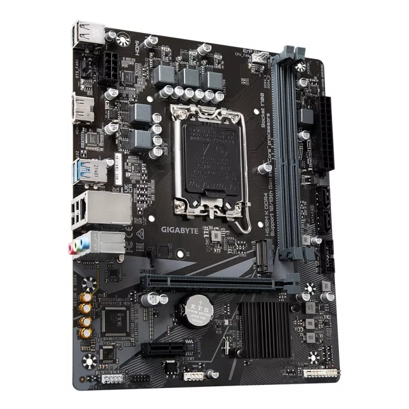 GIGABYTE H610M K DDR4 pagrindinė plokštė – palaiko Intel Core 14-osios kartos procesorius, 3+1+1 fazių hibridinis maitinimo dizainas, iki 3200 MHz DDR4, 1xPCIe 3.0 M.2, GbE LAN, USB 3.2 Gen 1