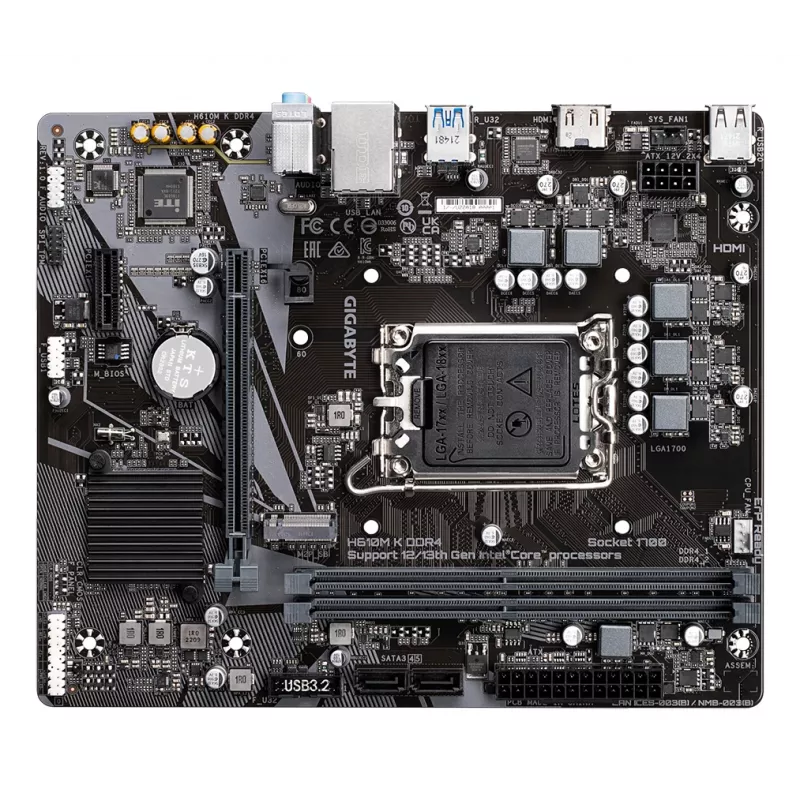 GIGABYTE H610M K DDR4 pagrindinė plokštė – palaiko Intel Core 14-osios kartos procesorius, 3+1+1 fazių hibridinis maitinimo dizainas, iki 3200 MHz DDR4, 1xPCIe 3.0 M.2, GbE LAN, USB 3.2 Gen 1
