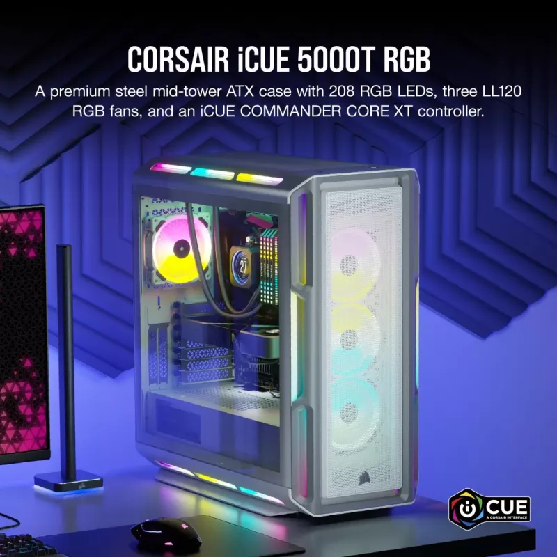 CORSAIR Icue 5000T vidutinio dydžio ATX kompiuterio korpusas - RGB - grūdintas stiklas - baltas