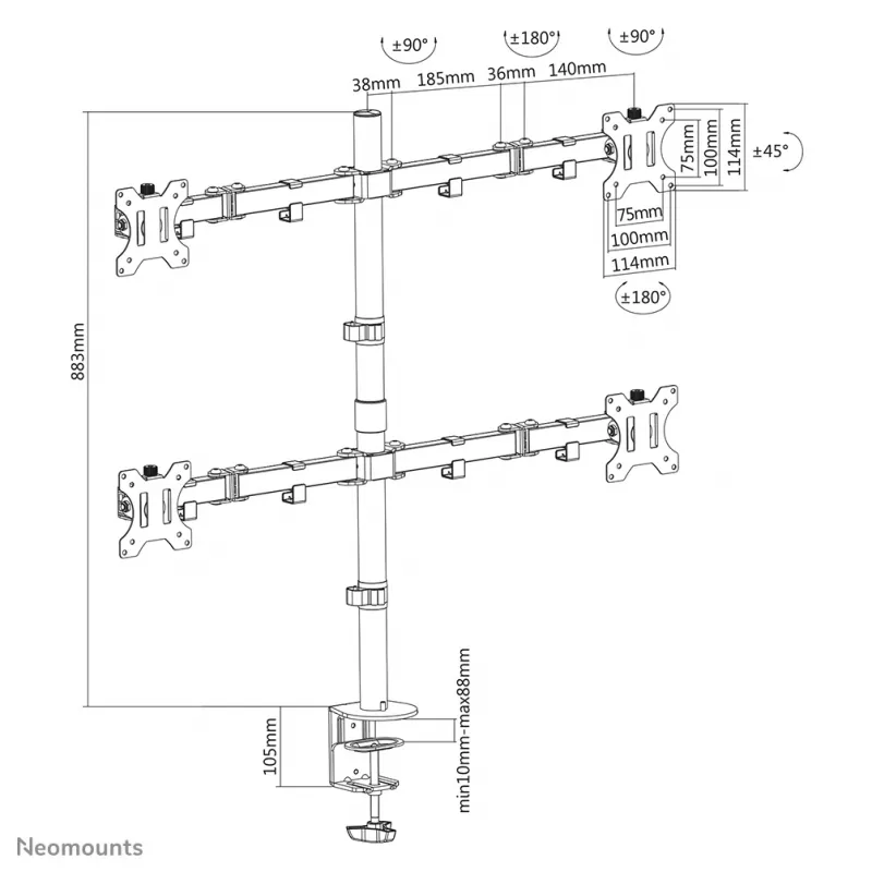 Neomounts FPMA-D550D4BLACK Monitorinis laikiklis 13-32 colių, Clamp/Grommet, 6 kg, 33 cm (13 col.), 81.3 cm (32 col.), 100 x 100 mm, Juodas