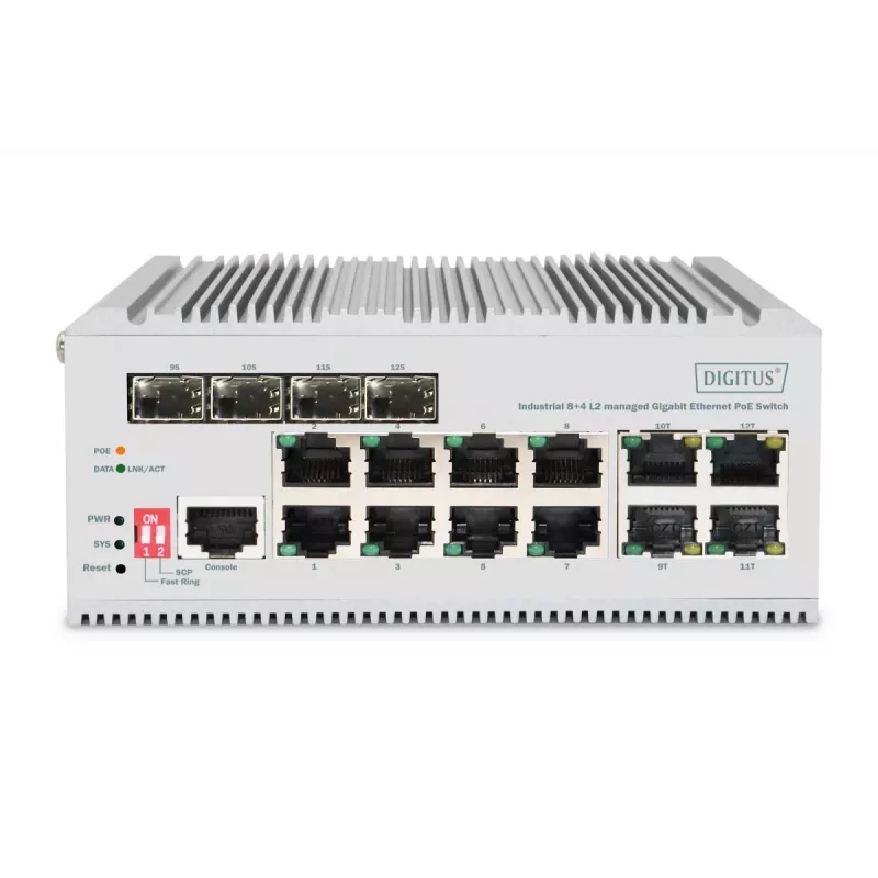 DIGITUS DN-651139 pramoninis PoE tinklo jungiklis - 8 prievadai Gigabit Ethernet, L2 valdomas, 4 SFP kėlimo prievadai