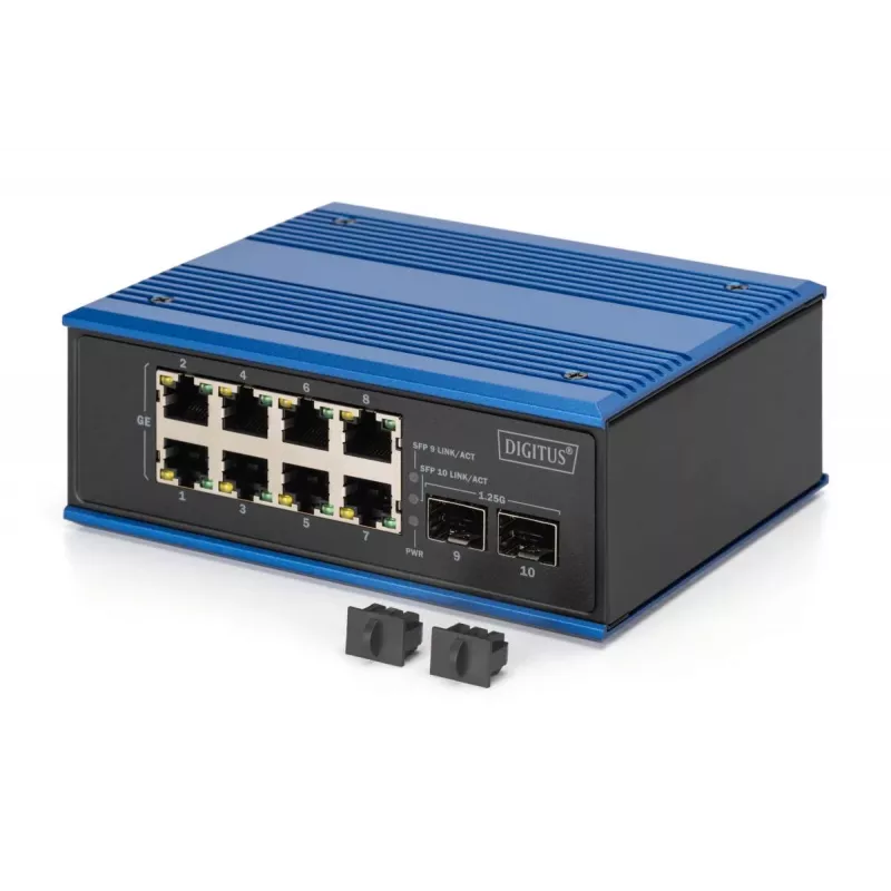 DIGITUS Industrial 8+2 Gigabit Ethernet PoE komutatorius 8 prievadai GE PoE RJ45 2 GE SFP prievadai