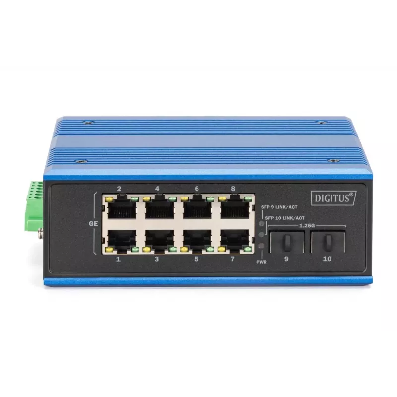 DIGITUS Industrial 8+2 Gigabit Ethernet PoE komutatorius 8 prievadai GE PoE RJ45 2 GE SFP prievadai