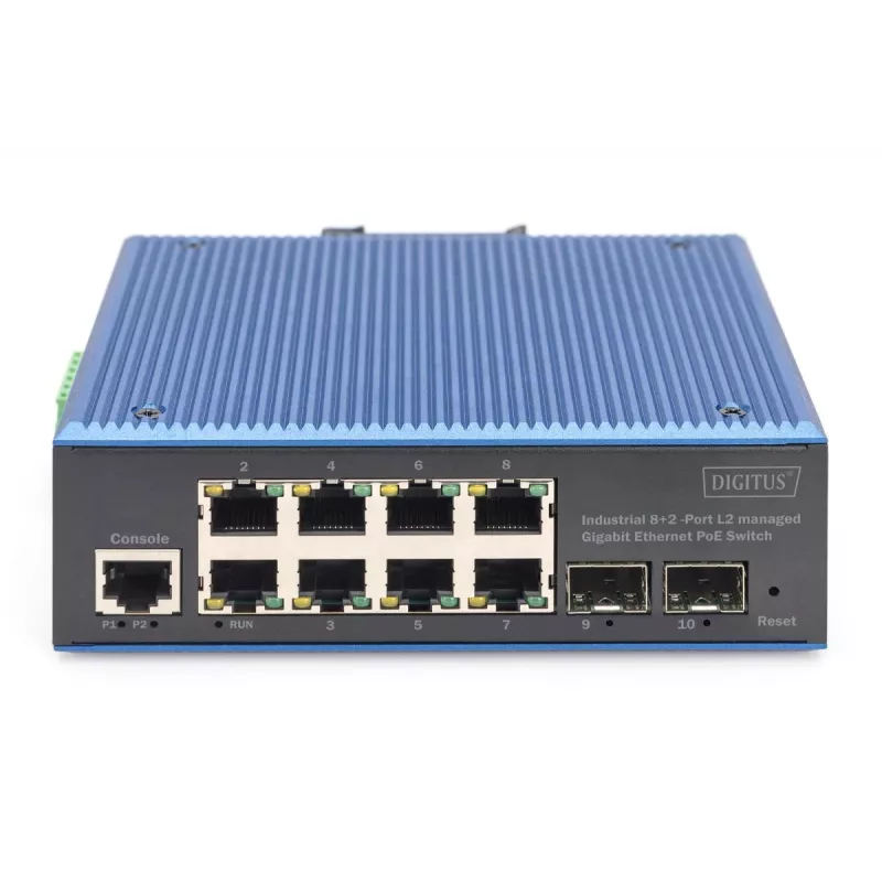 DIGITUS Industrial 8+2-Port Gigabit L2 valdomas Ethernet POE jungiklis 8xGE RJ45 + 2 SFP prievadai IEEE802.3at (30W)