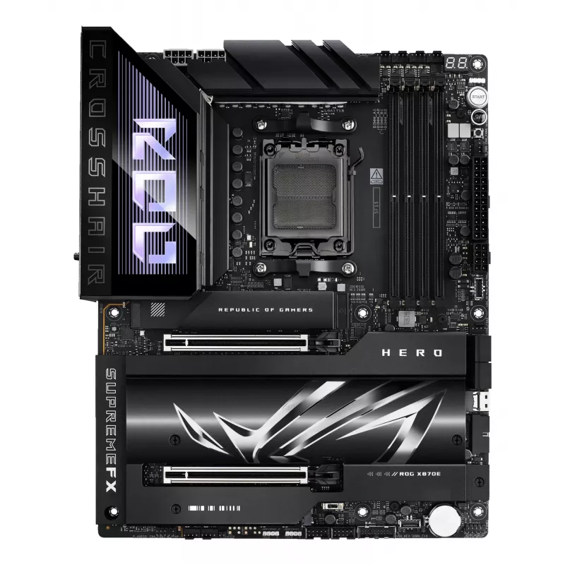 Motininė plokštė ASUS ROG CROSSHAIR X870E HERO — AMD X870E, lizdas AM5, ATX, 4× DDR5 DIMM, 192 GB, Wi‑Fi 7, Bluetooth 5.4