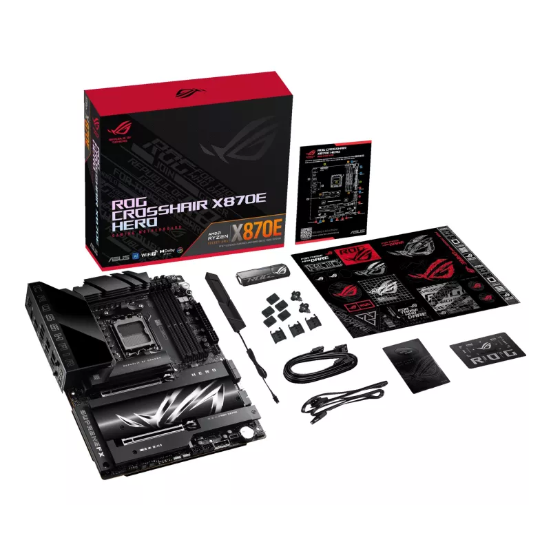 Motininė plokštė ASUS ROG CROSSHAIR X870E HERO — AMD X870E, lizdas AM5, ATX, 4× DDR5 DIMM, 192 GB, Wi‑Fi 7, Bluetooth 5.4
