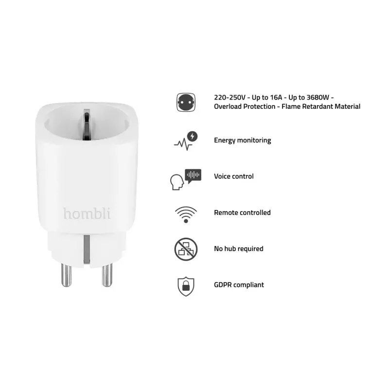 Išmanusis kištukas Hombli Smart Socket EU, „Avanca International BV“ – Wi‑Fi, 220–250 V, 50–60 Hz, max 3540 W, vidaus patalpoms, baltas, plastmasinis, 46×46×84 mm