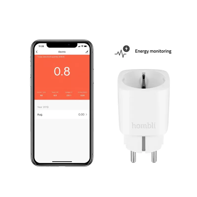 Išmanusis kištukas Hombli Smart Socket EU, „Avanca International BV“ – Wi‑Fi, 220–250 V, 50–60 Hz, max 3540 W, vidaus patalpoms, baltas, plastmasinis, 46×46×84 mm