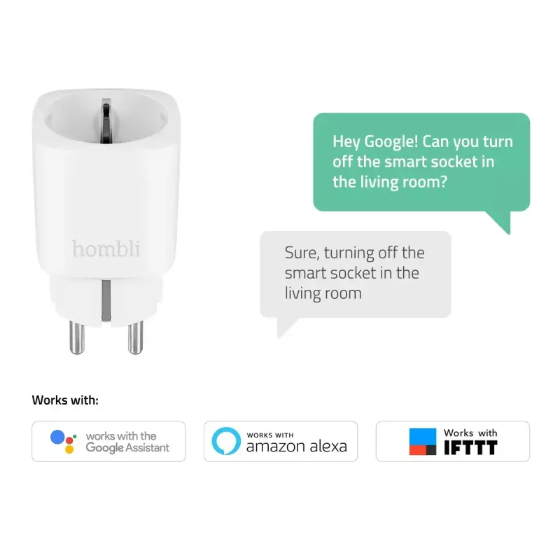 Išmanusis kištukas Hombli Smart Socket EU, „Avanca International BV“ – Wi‑Fi, 220–250 V, 50–60 Hz, max 3540 W, vidaus patalpoms, baltas, plastmasinis, 46×46×84 mm