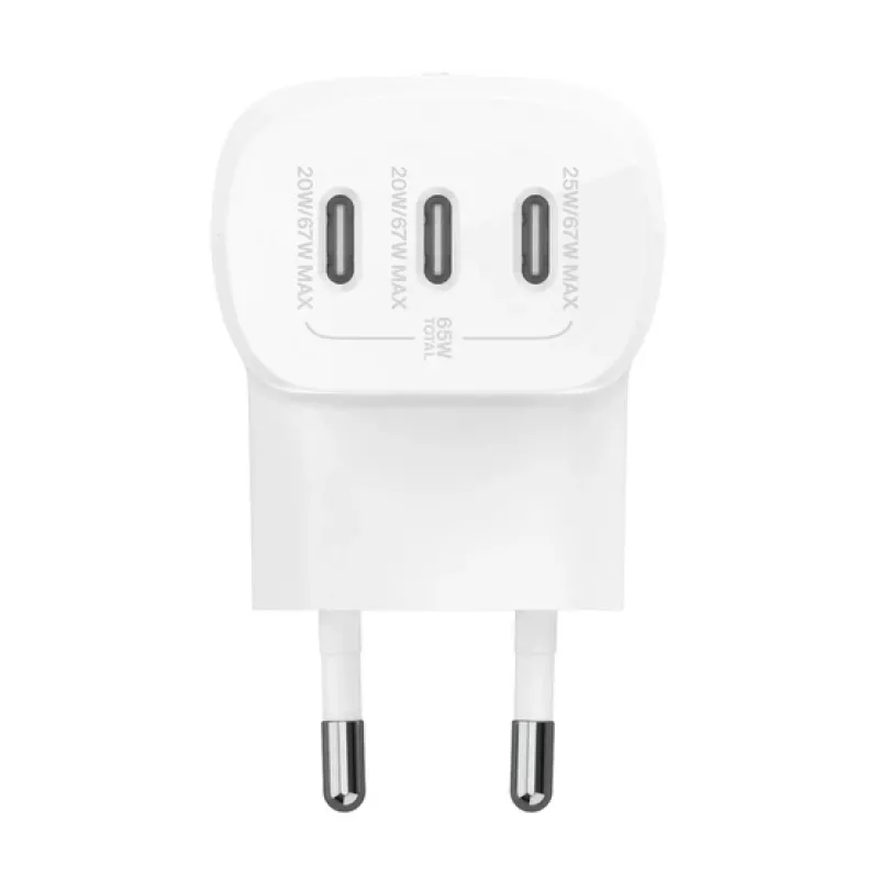 BELKIN BoostCharge 3 prievadų USB-C sieninis įkroviklis su PPS 67 W, baltas