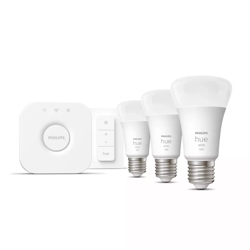 Philips Hue White pradinis rinkinys: 3 E27 išmanios lemputės (1100 liumenų) + reguliatorius