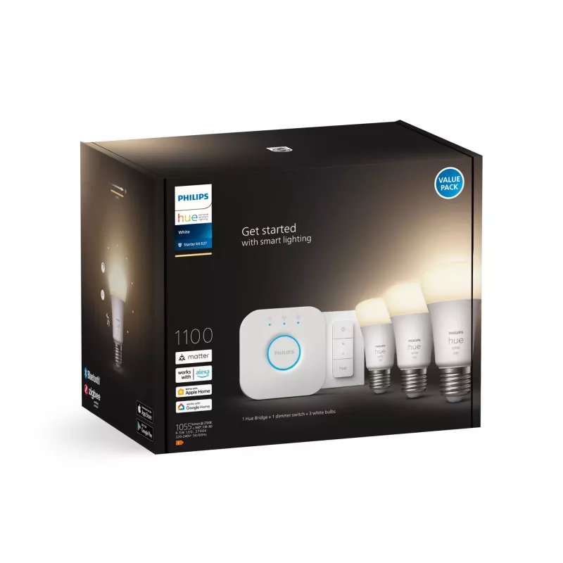 Philips Hue White pradinis rinkinys: 3 E27 išmanios lemputės (1100 liumenų) + reguliatorius