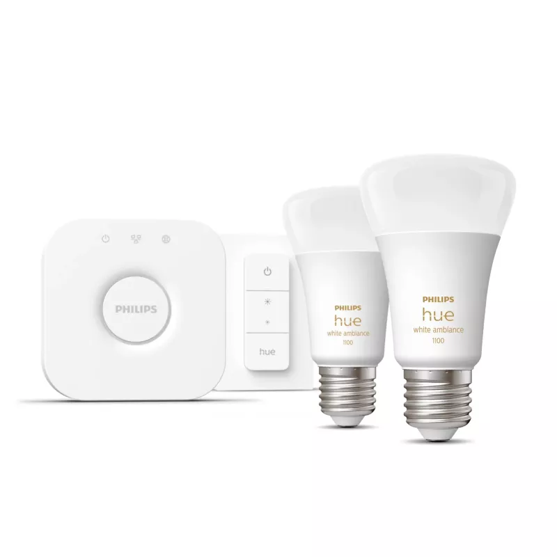Philips Hue White ambience pradinis rinkinys: 2 E27 išmaniosios lemputės (1100) + reguliatoriaus jungiklis