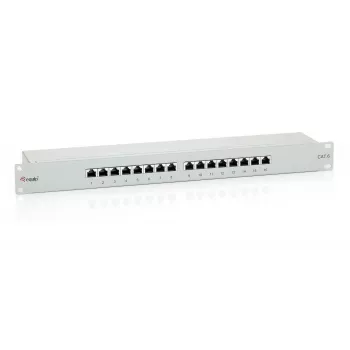 Equip 16 prievadų Cat.6 ekranuotas skirstomasis skydas, šviesiai pilkas, RJ-45, auksuotas, Cat6, montavimui į stelažą, 1U, pilkas