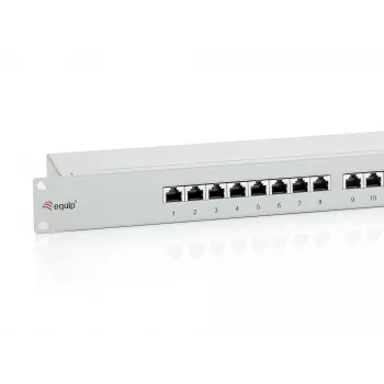 Equip 16 prievadų Cat.6 ekranuotas skirstomasis skydas, šviesiai pilkas, RJ-45, auksuotas, Cat6, montavimui į stelažą, 1U, pilkas