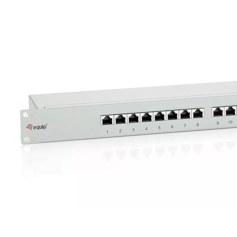 Equip 16 prievadų Cat.6 ekranuotas skirstomasis skydas, šviesiai pilkas, RJ-45, auksuotas, Cat6, montavimui į stelažą, 1U, pilkas