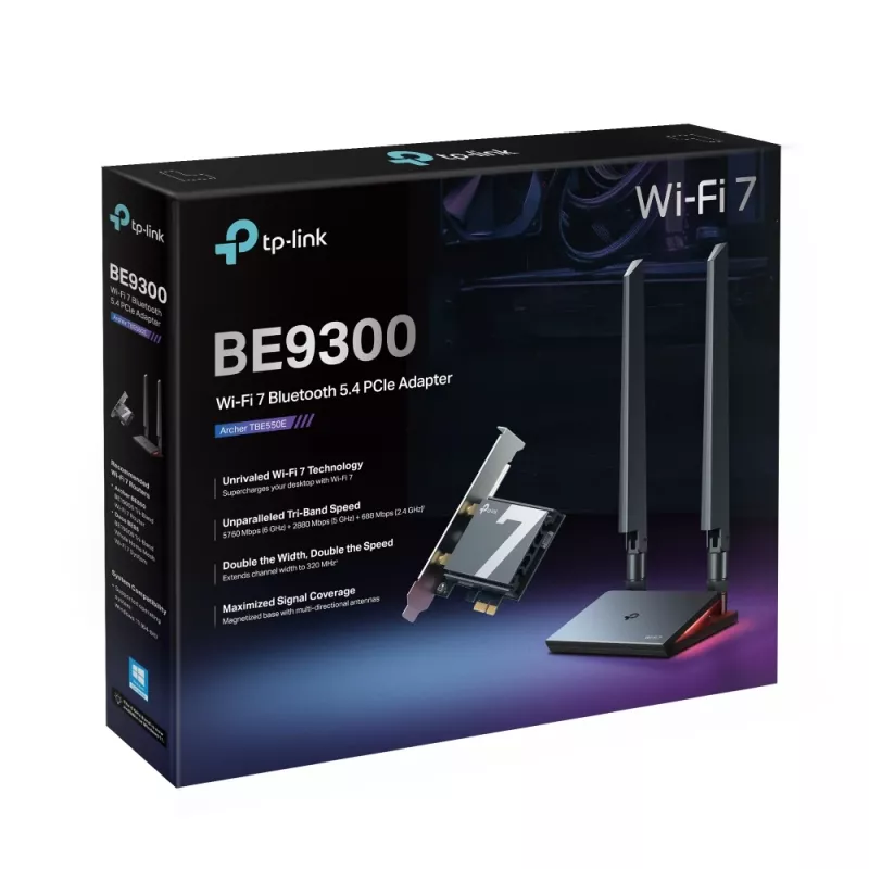 TP-Link Archer BE9300 Wi-Fi 7 Bluetooth 5.4 PCIe adapter, vidinis, belaidis, PCI Express, WLAN / Bluetooth, 9300 Mbit/s, juodas