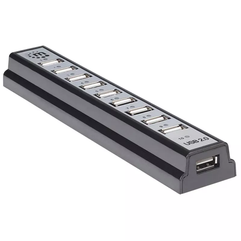 Manhattan USB-A 10 prievadų stalinis USB centras, 10x USB-A prievadai, 480 Mbps (USB 2.0), maitinimas per USB arba išoriniu maitinimo šaltiniu (neįtrauktas)