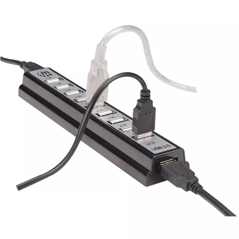 Manhattan USB-A 10 prievadų stalinis USB centras, 10x USB-A prievadai, 480 Mbps (USB 2.0), maitinimas per USB arba išoriniu maitinimo šaltiniu (neįtrauktas)