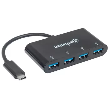 Manhattan HB30C4AB USB-C dokų stotelė / USB 3.2 Gen1 4 prievadų USB-A šakotuvas, juodas