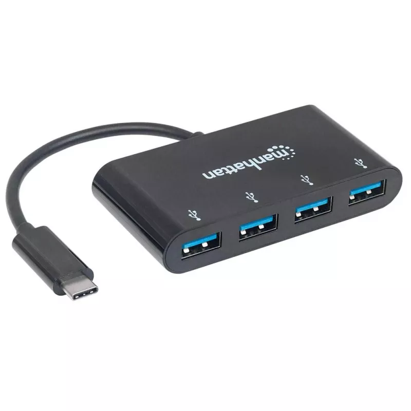 Manhattan HB30C4AB USB-C dokų stotelė / USB 3.2 Gen1 4 prievadų USB-A šakotuvas, juodas