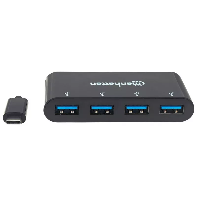 Manhattan HB30C4AB USB-C dokų stotelė / USB 3.2 Gen1 4 prievadų USB-A šakotuvas, juodas