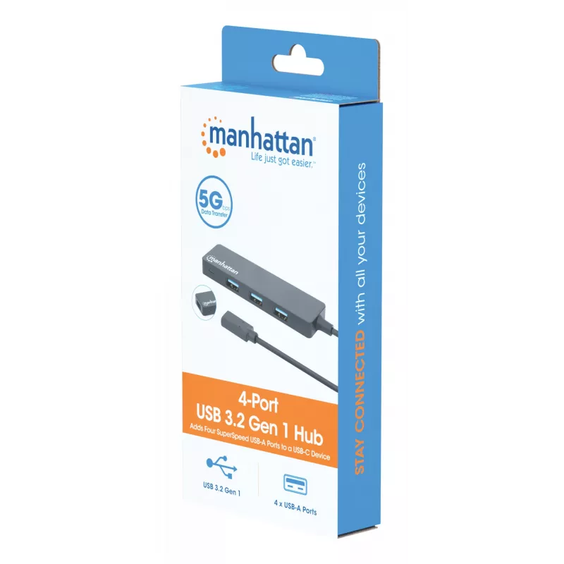 Manhattan USB-C dokas / USB 3.2 Gen1 4 prievadų USB-A skirstytuvas, 5 Gbps, maitinamas iš USB (HB30CM4AB)