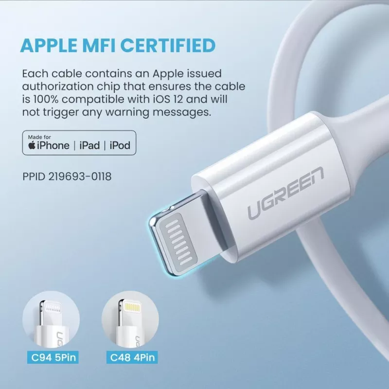 Ugreen 10493 USB C – Lightning laidas 1 m Baltas