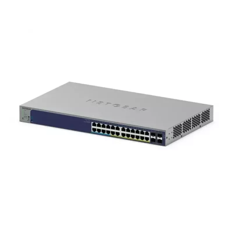 Valdomas Gigabit PoE jungiklis Netgear GS728TXUP — 24 × 10/100/1000 RJ-45, 128 Gbit/s, 1U, montuojamas į stelažą