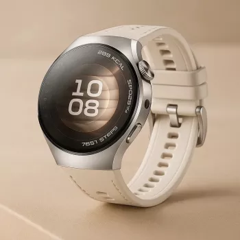 Išmanusis laikrodis HUAWEI WATCH 5 — smėlio spalvos korpusas su balta juosta, 42 mm apvalus nerūdijančio plieno korpusas, 1,38 colio AMOLED, GPS, Bluetooth, 540 mAh baterija