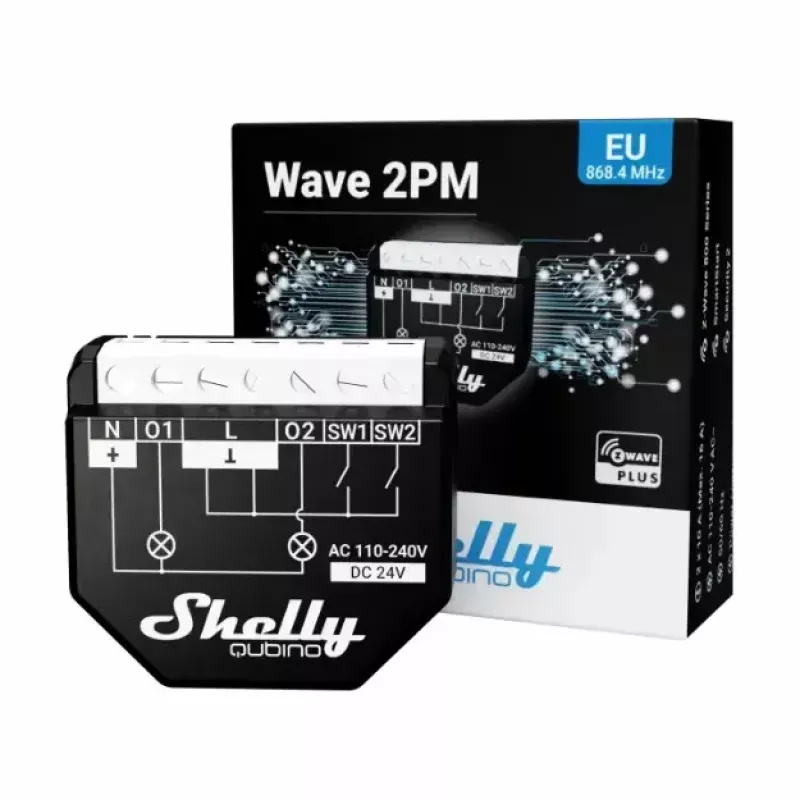 Išmanusis jungiklis Shelly WAVE 2PM Black (Shelly) – belaidis Z-Wave, 16 A, 110–240 V, 868.4 MHz
