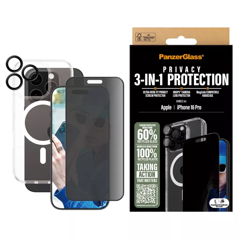 PanzerGlass 3 viename privatumo apsaugos rinkinys iPhone '24 6,3 colio Pro
