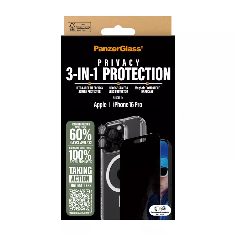PanzerGlass 3 viename privatumo apsaugos rinkinys iPhone '24 6,3 colio Pro