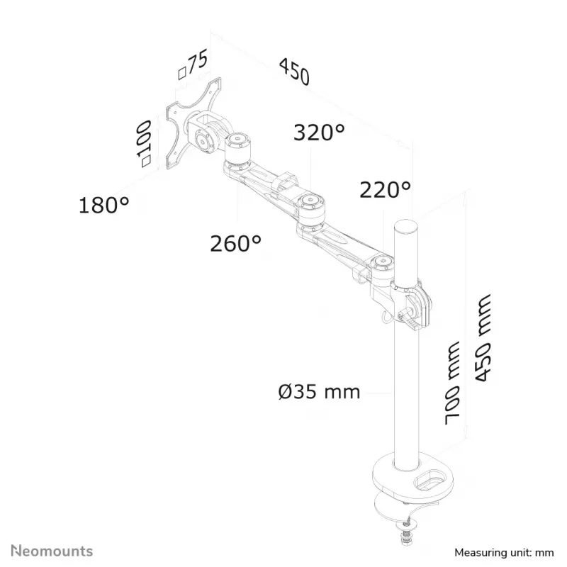 Neomounts FPMA-D935G Monitor laikiklis 10-30 colių, Grommet, 10 kg, 25,4 cm (10 col.), 76,2 cm (30 col.), 100 x 100 mm, Sidabrinis