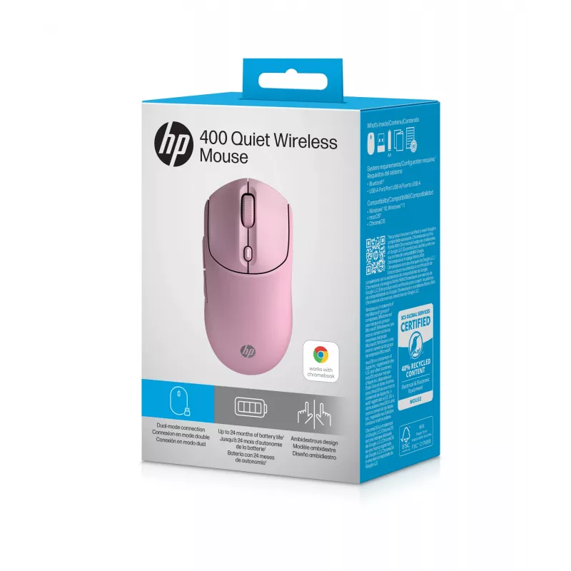 HP 400 Tyla Rožinė Belaidė Pelė, Ambidekstrinė, RF Belaidis + Bluetooth, 6000 DPI, Rožinė