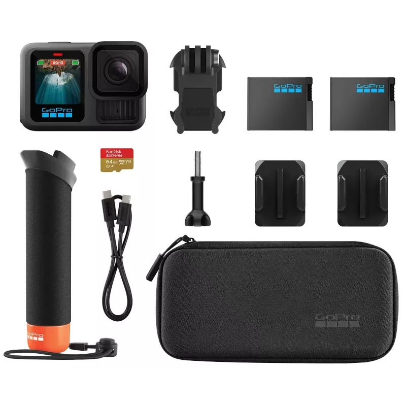 Veiksmo kamera GoPro HERO13 Black Bundle — 5.3K Ultra HD, 27,6 MP CMOS, 240 kadrų/s, 2,27 col. LCD, 2x skaitmeninis priartinimas, stereo WAV garsas