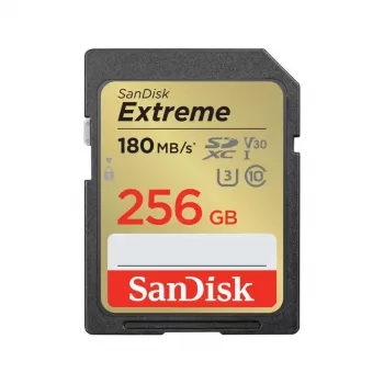 SDXC atminties kortelė SANDISK UHS-I Extreme 256 GB — skaitymas 180 MB/s, rašymas 130 MB/s, U3/V30, Class 10