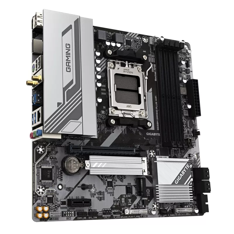 GIGABYTE B650M GAMING PLUS WIFI pagrindinė plokštė - AMD Ryzen 9000 procesoriams, 5+2+2 fazių VRM, iki 8000MHz DDR5, 2xPCIe 4.0 M.2, 2.5GbE LAN, WIFI 6E, USB 3.2 Gen 1