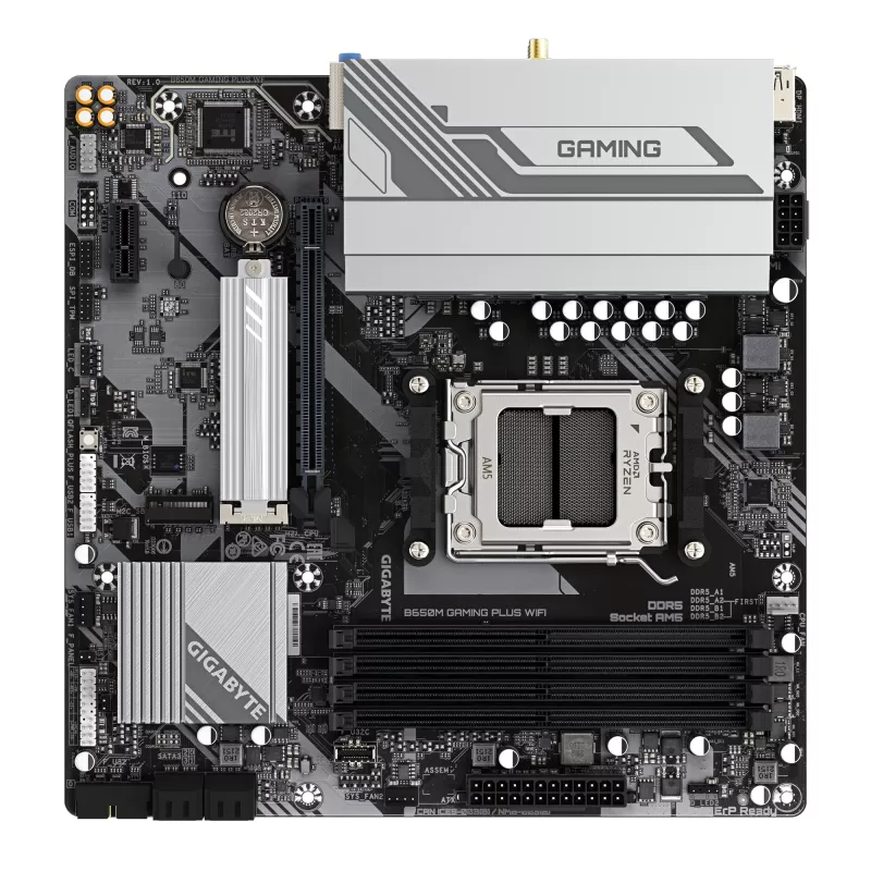 GIGABYTE B650M GAMING PLUS WIFI pagrindinė plokštė - AMD Ryzen 9000 procesoriams, 5+2+2 fazių VRM, iki 8000MHz DDR5, 2xPCIe 4.0 M.2, 2.5GbE LAN, WIFI 6E, USB 3.2 Gen 1