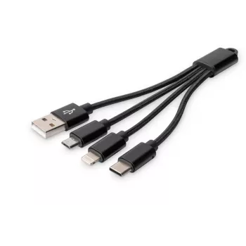 DIGITUS USB įkrovimo laidas USB A – Lightning + micro B + Type-C M/M/M/M 15 cm 3 in 1 laidas, medvilninis, CE, juodas